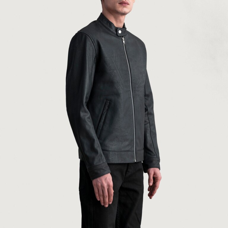 Mens Zen Tumbled Black Leather Biker Jacket Side Pose-3-1724075566363